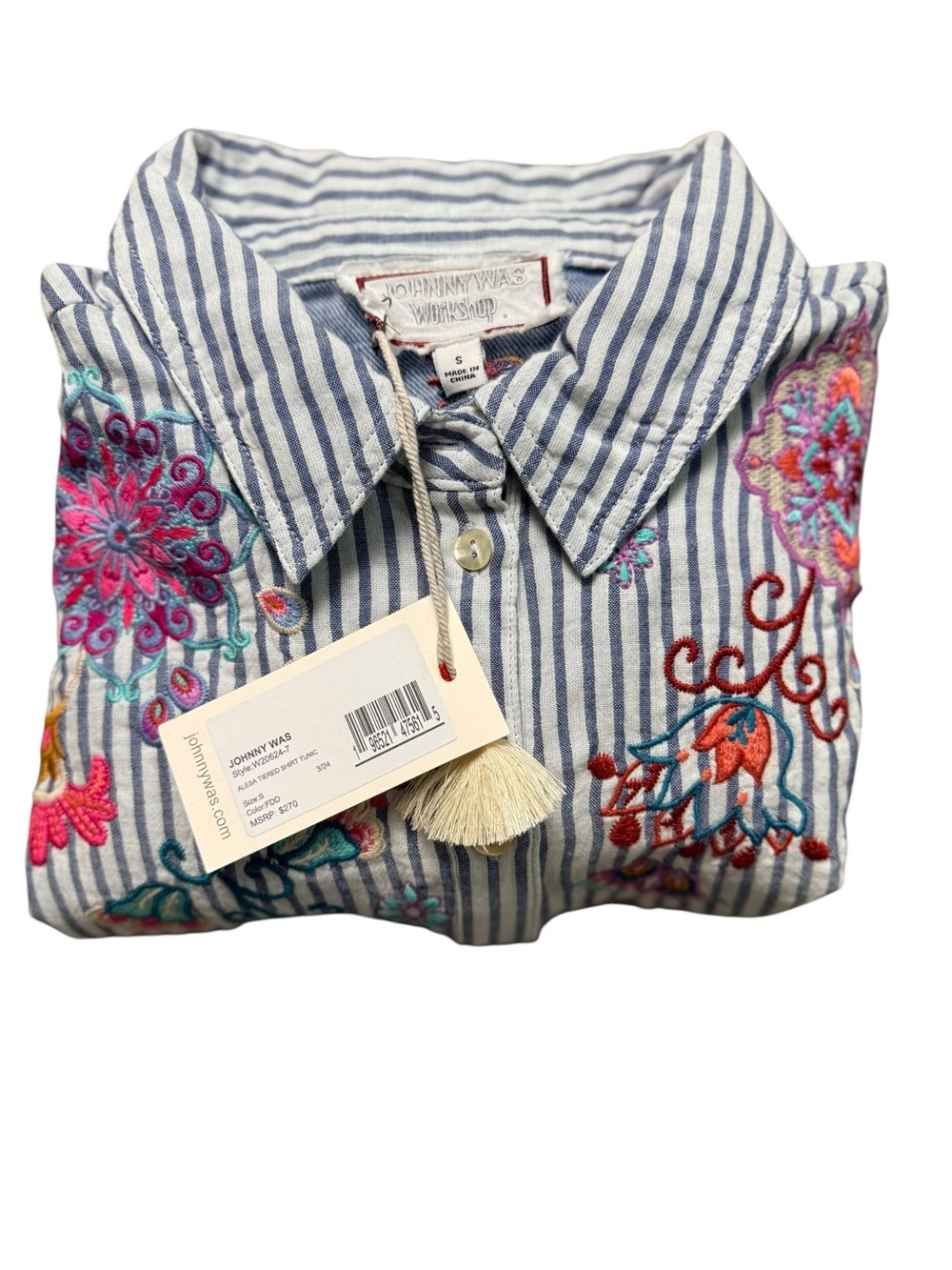 NWT Johnny Was Workshop Embroidered Stripe Tunic Top Small Boho Button Front - Picture 14 of 16